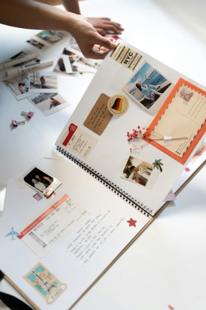 A scrapbook with images and notes representing digital scrapbooking, a way to journal without writing.