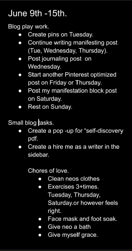 My weekly to-do list screenshot is written on Google Docs, signifying a feminine energy microhabit.