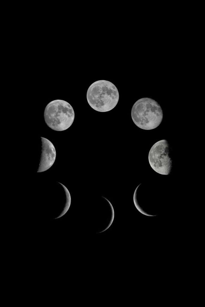 Various moon phase images against a dark background to represent how to manifest with the moon cycle.